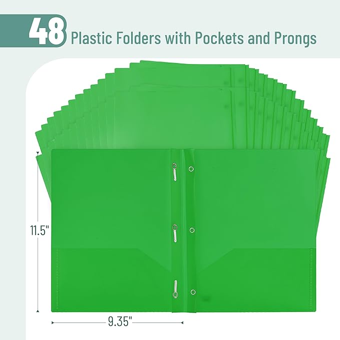Mr. Pen- Plastic Folders with Pockets and Prongs, 48 Pack, Letter Size, Green, Flexible Plastic Folders with Prongs and Card Slot