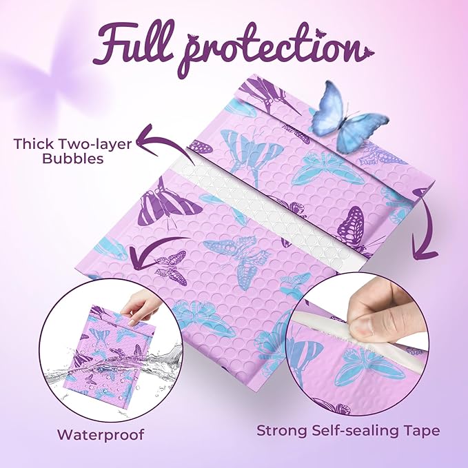 Fuxury Bubble Mailers 6x10" Pinkish-Purple Padded Envelopes 600 Pack with Blue-Purple Butterfly Special Design Padded Mailers Waterproof Bubble Envelopes for small business Jewelry Makeup Supplies #0