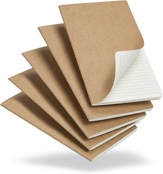 5 Pack Kraft Notebooks Bulk A5, 60 Pages Lined Ruled Journals, 8.3x5.5 Inches, Natural Kraft Cover Composition Notebooks for School Office Students Artists