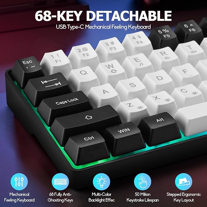 Guiheng Wired Portable 60% Mechanical Gaming Keyboard,RGB LED Backlit Compact 68 Keys Mini Wired Office Keyboard with Red Switch for Windows Laptop PC Mac - White