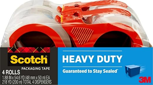 3M Scotch Heavy Duty Shipping Packaging Tape – 1.88 in x 54.6 yds, Clear – 4 Rolls with 2 Dispensers – Strong Seal for All Box Types