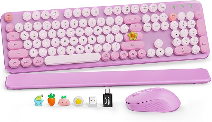 Wireless Keyboard and Mouse, Round Keycaps, Magnetic Wrist Rest, Lilac | Full-Size Retro Typewriter-Style Keyboard, Tilt Legs, Auto Sleep, 2.4GHz Cordless for MacOS, Windows PC, Laptop, SABLUTE