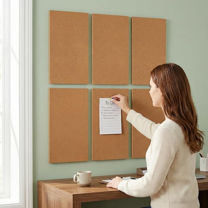 Lyellfe 6 Pack Cork Bulletin Board, 17"x8"-1/2" Thick Self-Adhesive Cork Boards, Frameless Cork Tiles with 50 Push Pins for DIY, Office, School and Home Decor