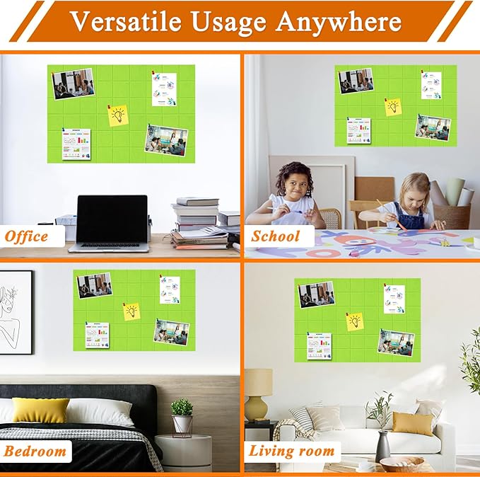 Large Square Felt Cork Board Tiles, Self Adhesive DIY Felt Bulletin Board with 35 Pushpins for Office School Home Wall Decor Stickers Memos (Bright Green)