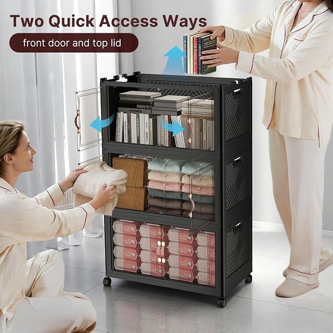 Stackable Storage Bins with Lids, 360QT Lockable Storage Cabinet | Folding Storage Box with Doors and Wheels, Collapsible Plastic Drawers for Home, Garage, Office