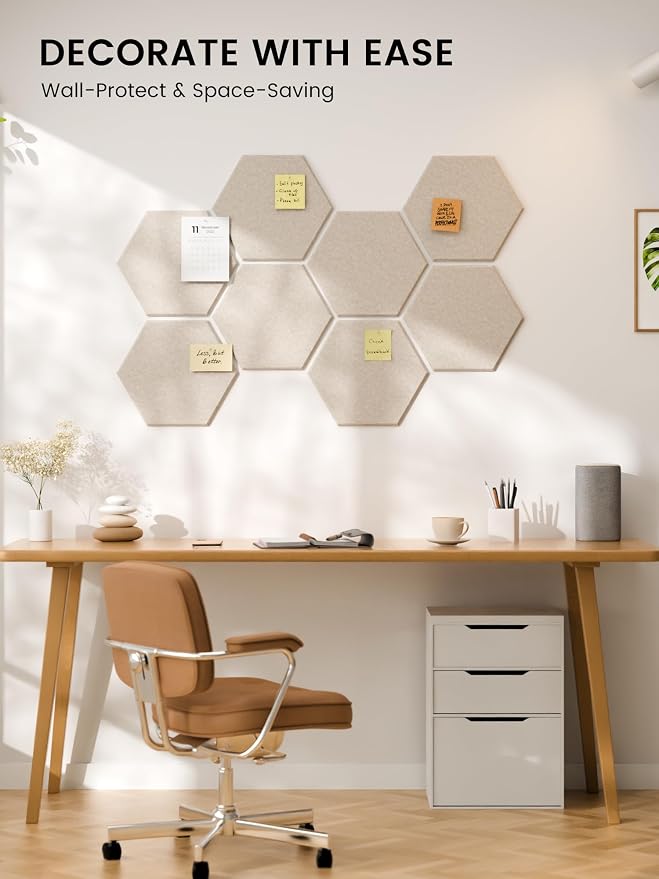 Fluxynara 8-Pack Hexagon Felt Bulletin Board Tiles, Oatmeal | Cork Board Alternative with 50 Adhesive Tabs for Notes, Photos and Reminders in Home Offices, Dorm and Classrooms