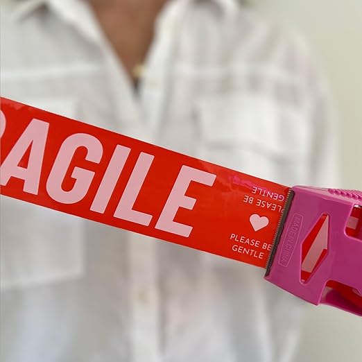 Fragile Packing Tape with Pink Dispenser – Please Be Gentle Red & Pink Design, 1.88" x 22.2 Yards – Packaging Tape for Moving Boxes, Small Business, and Mailers