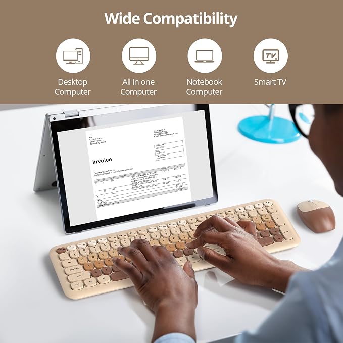 surmen Brown Quiet Keyboard and Mouse Wireless, Full-Size Retro Typewriter Wireless Cute Colorful Keyboard with Low-Noise 2.4GHz for Home and Office（Coffee