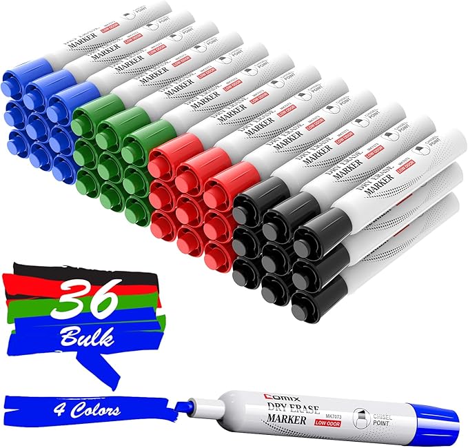 Comix Dry Erase Markers, Chisel Tip Whiteboard Markers, 36 Bulk 4 Assorted Color Low Odor Markers for Classroom, Teachers, Office, School Supplies
