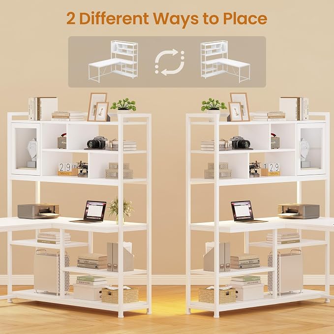 SEDETA L Shaped Computer Desk with Storage Shelves and Bookshelf, White | 58'' Reversible Office Desk with LED Light, Glass Door Cubby, L Shaped Corner Desk for Gaming, Two Monitors, Small Space