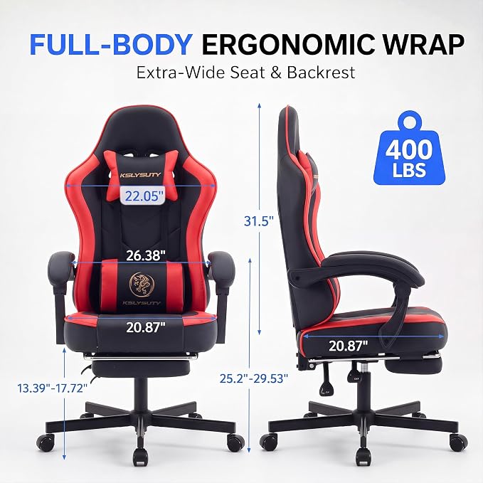 Desk Computer Gaming Chair - High Back Ergonomic Office Chair with Footrest and Lumbar Support, Swivel Comfy Home Gamer Video Game Chairs with Pocket Spring Cushion for Adults (Red Leather)
