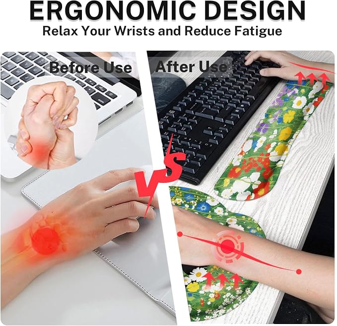 Arttown Keyboard Mouse Pad Set, 4 in 1 Desk Mat Set Cat Flower Cute | Black Red Large Mousepad+Keyboard Wrist Rest+Mouse Wrist Rest+Coaster Ergonomic Design for Home Office Computer