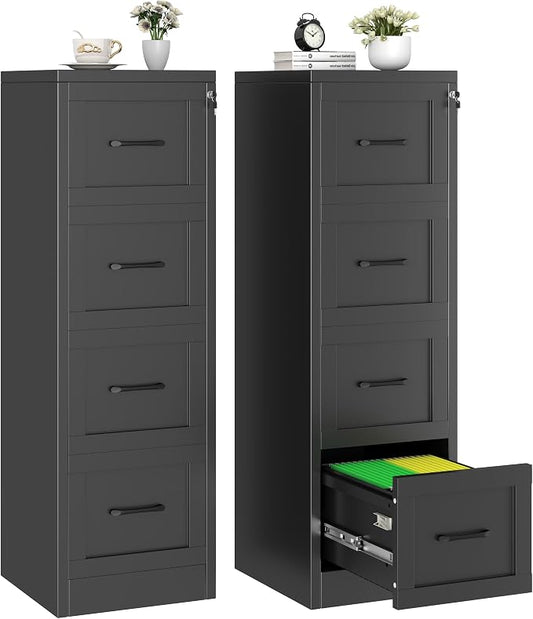 4 Drawer Metal File Cabinet with Lock,Narrow Vertical Filing Storage Cabinets,Steel File Organization for Legal/Letter/A4/F4 Size with Hanging Files,Lockable File Folders for Home Office, Black