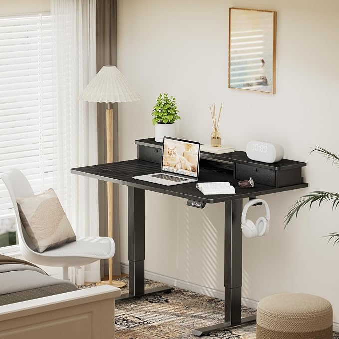 Veken 47x28 in Electric Standing Desk with Drawers, Adjustable Table, Black | Stand up Computer Desk for Home Office, Work & Study, with Storage, 3 Memory Presets, Cable Organizer, Hook, and Quiet Lift.