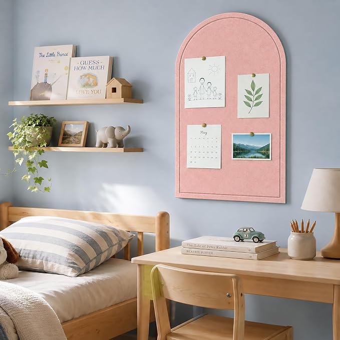 Large Arched Felt Bulletin Board, Sized 36" x 24" for Office & Wall Decor – 6 Customizable Adhesive Tiles with Pins are Perfect to Display Your Photos (Pink-B)