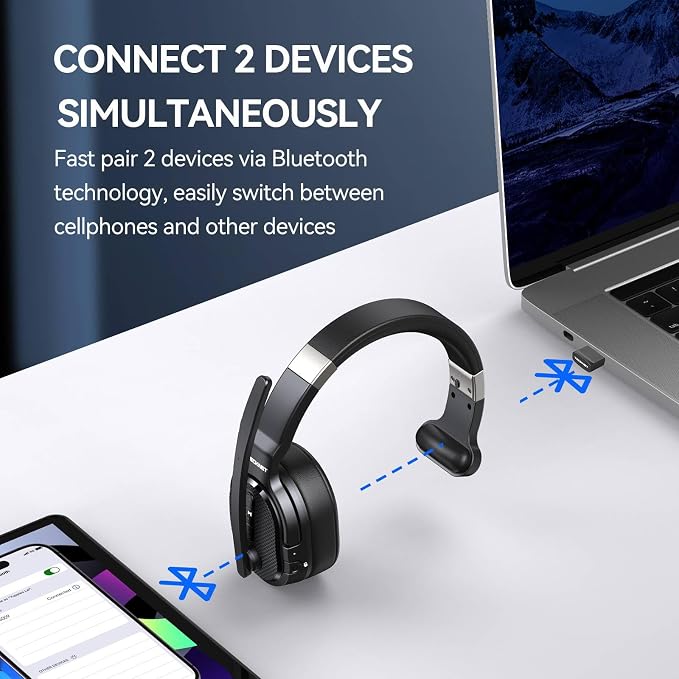 TECKNET Bluetooth Trucker Wireless Headset, Noise Cancelling Mic for Work | Single Ear, 50Hrs Battery, 3 EQ Music Modes, Clear Mic Wireless Headset for PC, Truck Drivers, Office & Call Center