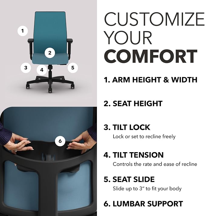 HON Ignition 2.0 Ergonomic Office Chair, Lumbar Support, Desk Chair, Sky | Ergonomic office desk chair with lumbar support, adjustable arms, office decor, workstation comfort for focused productivity