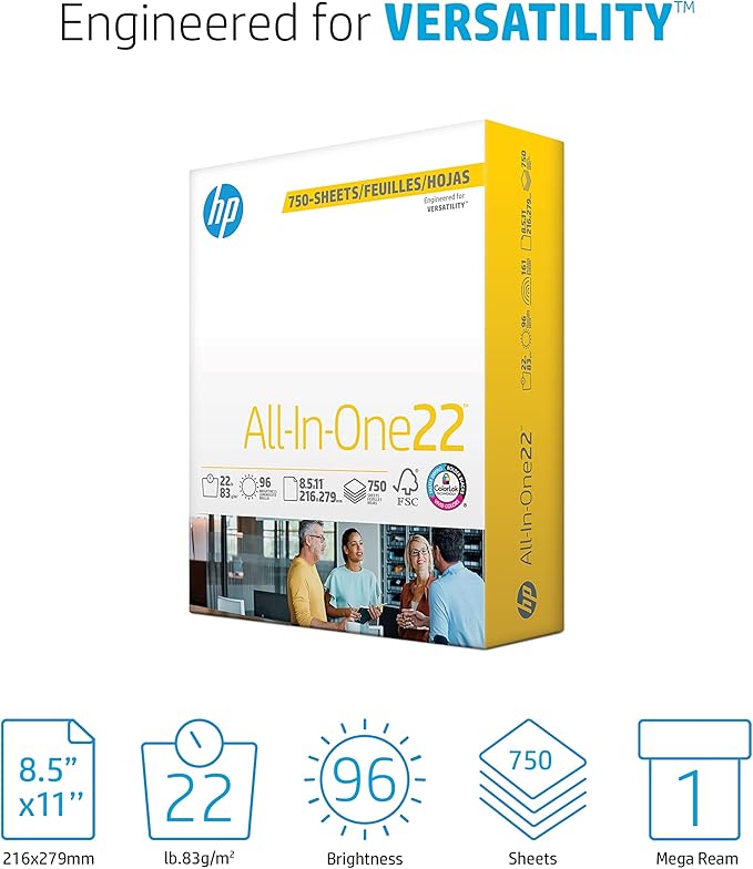 HP Papers | 8.5 x 11 Paper | All In One 22 lb | 96 Bright | Made in USA - FSC Certified | 207750R, Mega Ream | 750 Sheets (Pack of 6)
