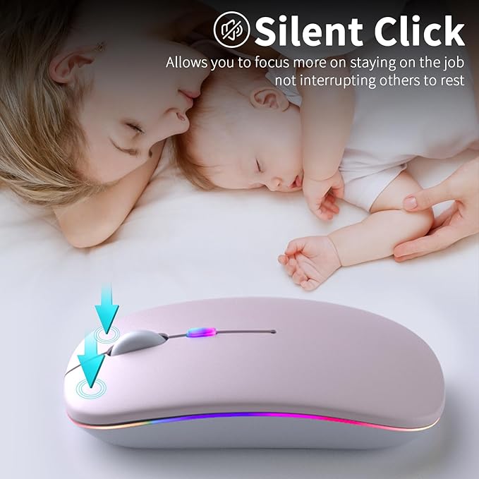 Wireless Bluetooth Mouse – Rechargeable, Silent, Dual Mode (Bluetooth 5.2 & USB) with LED Lights – Portable for Laptop, Desktop, & Tablet(Pink)