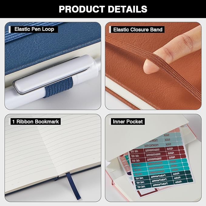 (3 Pack) Lined Journal Notebook with Pen, A5 (5.7"x8.4") Leather Hardcover Journaling Notebooks for Women Men Work, 160 Pages per Note Book, 100GSM Paper, School Office Supplies, Black