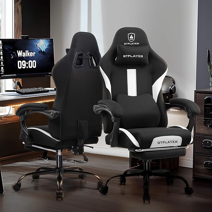 GTPLAYER Gaming Chair Ergonomic Office Chair with Foot Rest & Pocket Spring Cushion, High Back Computer Desk Chair with Headrest & Lumbar Support, Breathable Fabric Game Chair for Adults, Coal-Black