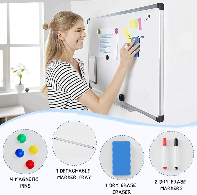DUMOS Magnetic White Board Kit for Wall 40" x 30", Dry Erase Board with 1 Dry Eraser & 2 Multicolor Markers & 4 Magnetic Pins, Silver Reinforced Aluminum Frame for Home, School, Office