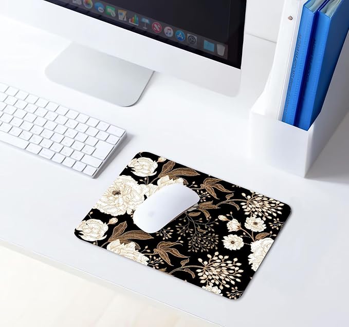 Peonies and Roses Floral Mouse Pad, Square Vintage Gold and White Flowers Computer Mouse Pads with Design Washable Mouse Mat, Gaming Office Home Non-Slip Rubber Base Mousepad, 9.5x7.9 inch