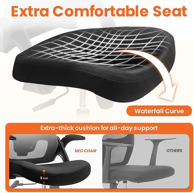 NEO CHAIR Office Desk Chair with Ergonomic High Back Mesh Headrest, Black | Adjustable Headrest and Lumbar Support with Flip-Up Armrests Designed for Extended Sitting Comfort While Saving Space