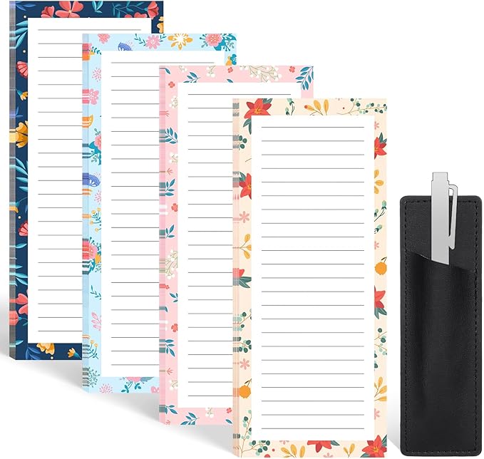 4 Pack Magnetic Note Pad for Fridge with Pen Holder, Totally 200 Sheets Magnetic To Do List, Shopping List, Grocery List, Memo Pads for Refrigerator（Floral Design）