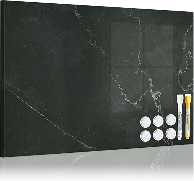 Decorative Magnetic Board for Wall, 24''x18'' Dry Erase Board, Black Marble | Magnet Board, Display Board, Wall Mounted, for Home, Office, Kitchen, 2 Markers, 6 Magnets