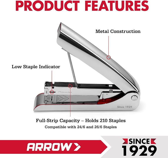 Arrow Metal Stapler, Full-Strip Stapler for Desk with 2520 Staples | 25 Sheet Capacity, Rear Staple Storage, Dual-Mode Anvil, Non-Slip Base, For Office, Classroom, and School