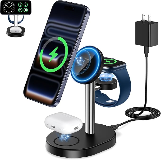 2026 3 in 1 Wireless Charging Station for Apple MagSafe Charger, 15W Fast Magnetic Mag-Safe Charger Stand for iPhone 17 16 15 14 13 12 Apple Watch AirPods Compatible with MagSafe, Silver&Black