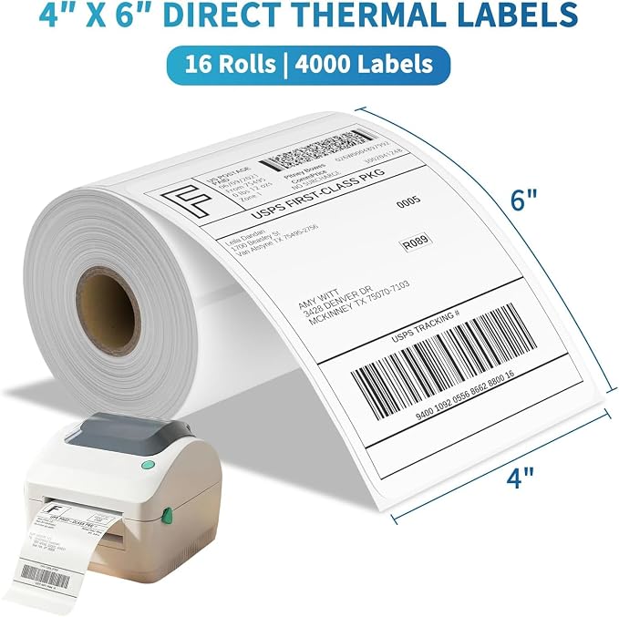 9527 Product 4x6 Blank Direct Thermal Shipping Labels for Zebra 2844 Zp-450 Zp-500 Zp-505 Direct Thermal Labels Printers, Eltron Printer, 250 Label per Roll,Total 16 Rolls 4000 Label