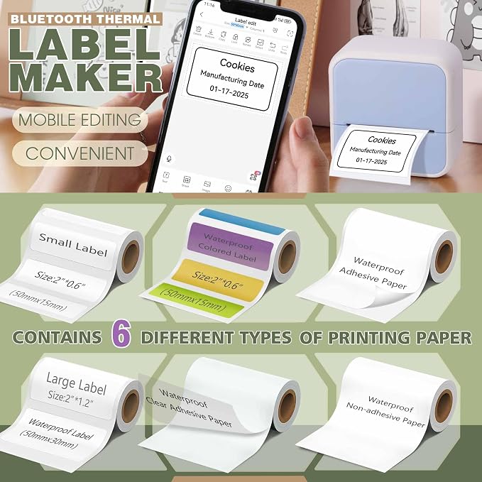 KEEPHOPE Label Maker Machine with 6 Waterproof Tapes, Thermal Label Maker, Portable Mini Bluetooth Label Printer with Clear Tape for Home, School, Office Organization Blue