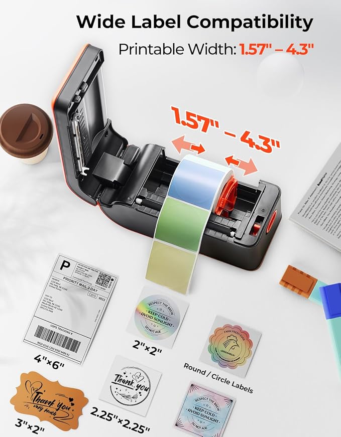 MUNBYN MC240 Bluetooth Thermal Label Printer, Portable Wireless 4×6 | Rechargeable battery, Bluetooth & USB connectivity, 4×6 label support, ink-free printing, built-in paper bin