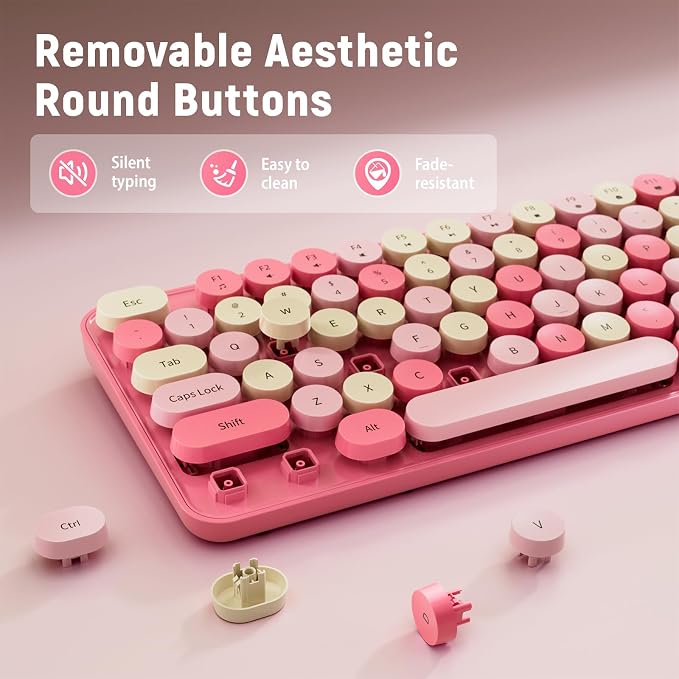 Wireless Keyboard and Mouse, Full-Sized Typewriter Keyboard Silent, Pink | USB Full-Sized Quiet Keyboard, Cute Colorful Round Keycaps, Plug & Play, Compatible with PC, Computer, Laptop