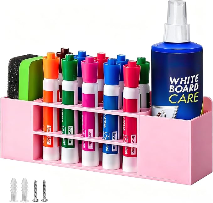 Wall Mounted Magnetic Dry Erase Marker Holder for White Board | Acylic Strong Magnet Pen Holder for Fridge&Refrigerator, Pencil Holder for Classroom, Office, Locker Organizer-Pink