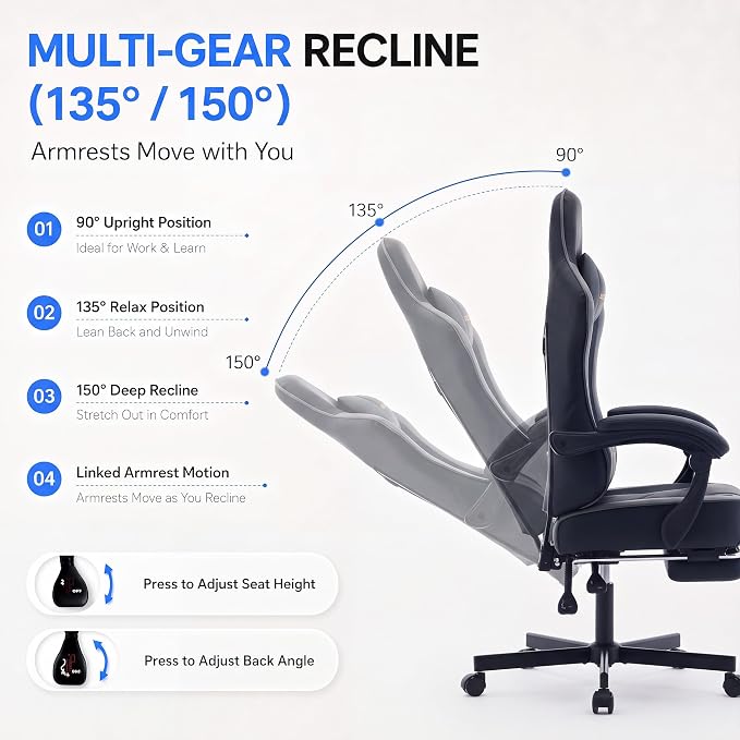 Desk Computer Gaming Chair - High Back Ergonomic Office Chair with Footrest and Lumbar Support, Swivel Comfy Home Gamer Video Game Chairs with Pocket Spring Cushion for Adults (Grey Leather)