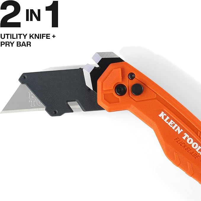 Klein Tools 44309 Pry Bar Knife, 2-in-1 FLICKBLADE Utility Knife with Built-In Pry Bar, Dual Locking Positions at 135-Degree and 180-Degree, Full Metal Core