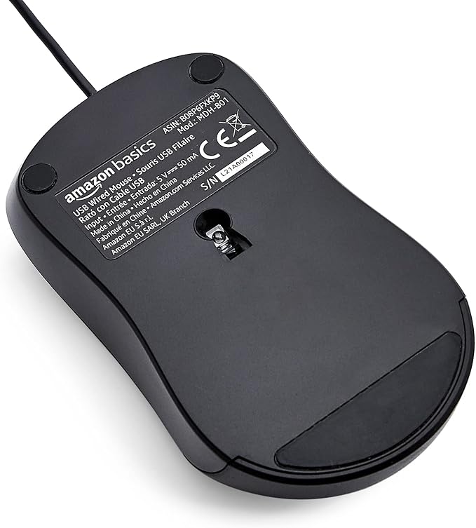 Amazon Basics 3-Button USB Wired Mouse with Precision Scroll Wheel, 1000 DPI, Ergonomic Grip, Plug and Play, 6-foot Cable, Black