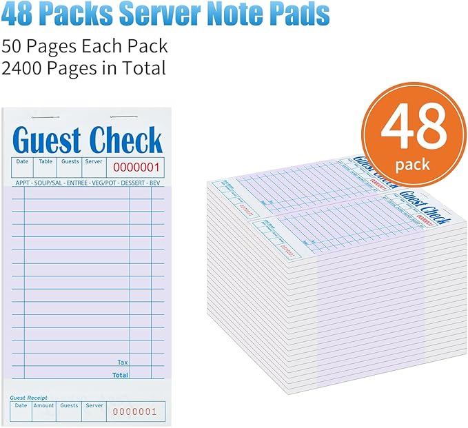 48 Pack Purple Guest Checks Books for Servers Server Note Pads, Waiter Checkbook, Waitress Notepad for Restaurants, Paper Checks 50 Sheets/Pack, 2400 Total Tickets