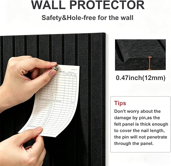 0.47" Thick Felt Pin Board 48"x36" Large Cork Board Alternative 12 Pack 11.81"x11.81"Felt Bulletin Board Wall Tiles Notice Board with 60 Pushpins for Home Office School(Fine-Black)