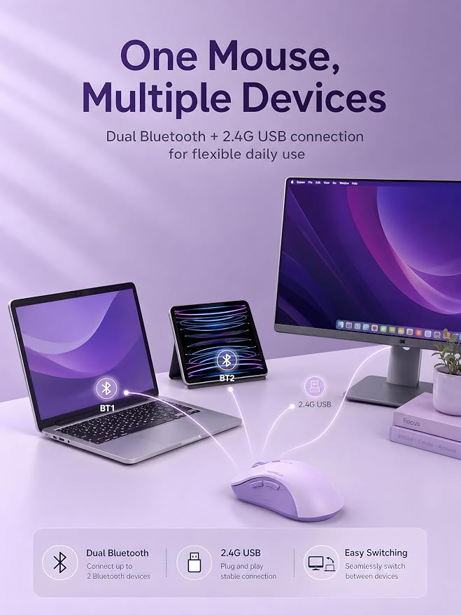 RAPIQUE Bluetooth Wireless Mouse, Dual Bluetooth & 2.4GHz, Purple | Right-Hand Design, Quiet Clicks, Low Power, 3-device switching, Portable Multi-Device for MacBook, Laptop, Computer, iPad, PC