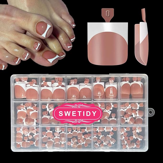 Toe Nail Tips, Brown Soft Gel Press On Toenails, 150Pcs Short Square French Toenail Full Cover Press On Fake Toe Nails Salon Home DIY 15 Sizes
