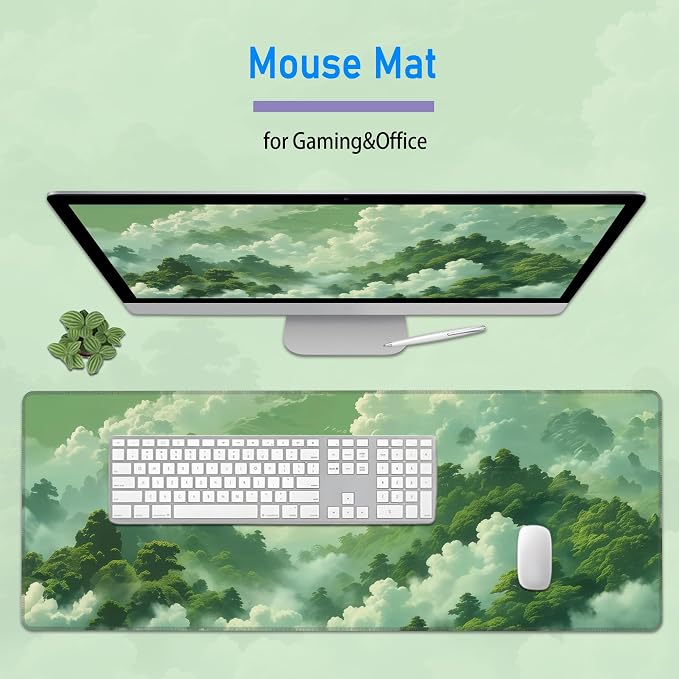 Green Forest Mouse Pad,Large Misty Mountain Nature Deskmat,31.5x12in | Extended Gaming Aesthetic Office Desk Decor Micro Woven Cloth Mouse Mat with Non-Slip Base and Stitched Edge,80x30 cm