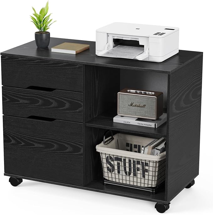 OLIXIS 3 Drawer Lateral File Cabinet, Rolling Printer Stand with Storage | Mobile Filing Cabinet Fits Under Desks, Holds A4/letter Files with Hanging Frame and Lockable Wheels, Black