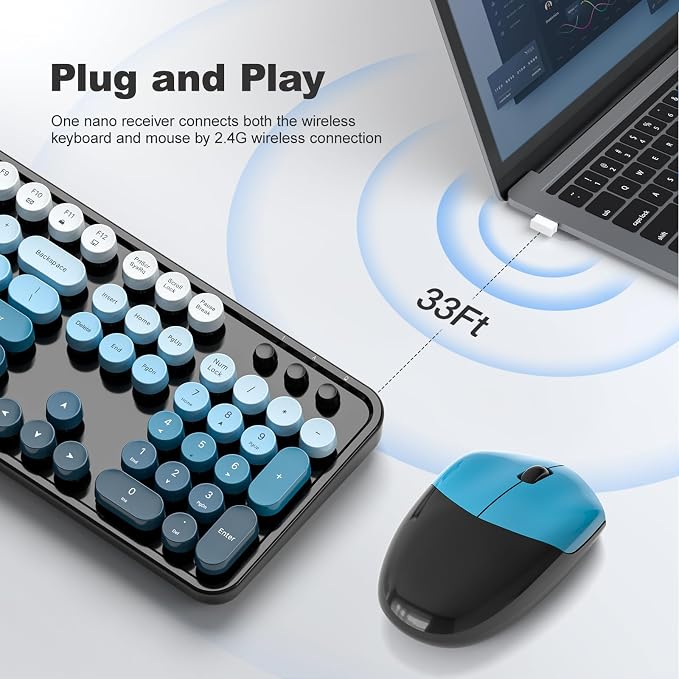 MOFII Wireless Keyboard and Mouse Combo, Retro Full Size Typewriter Keyboard with Number Pad and Sport Car Mouse for PC Computer Desktop Laptop Windows (Black Blue)