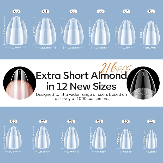 modelones X Nail Gel Kit Extra Short Almond, 9-in-One Nail Glue with Portable U V Lamp 216Pcs 12Sizes Pre-Etched Press ons Fake Acrylic Extension Kit DIY Salon Gift for Women