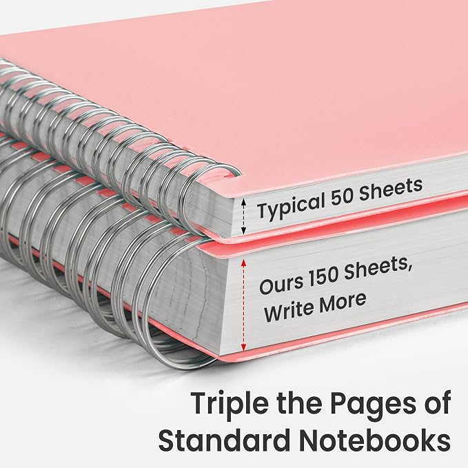 EMSHOI Lined Spiral Journal Notebook, 300 Pages, A5 Size (5.7'' x 8.2'') | College Ruled, 100 GSM Thick Paper, Flexible Plastic Cover, for School, Writing, Work, Office & Journaling (Pink)