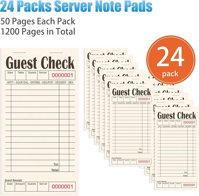 ZPARIK Guest Checks Books for Servers, Natural Color Paper, 24 Pack Black | 24 Pack Guest Checks with 50 Sheets Per Book, Waiter Checkbook, Waitress Notepad for Restaurants, Perfect for Servers
